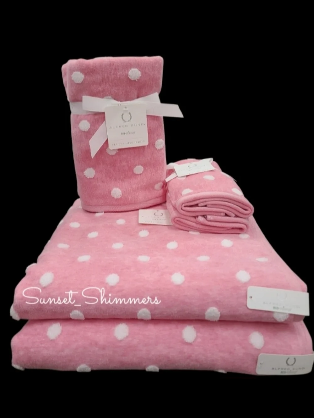 Alfred Sung 6pc Pink White Polka Dot Bath Hand Tip Towel Set Eco Melange New